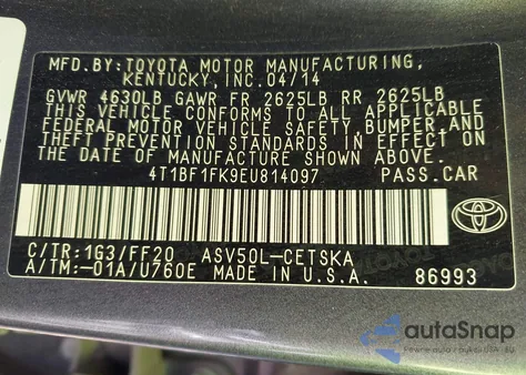 2014 Toyota Camry Se from USA, damaged, VIN 4T1BF1FK9EU814097